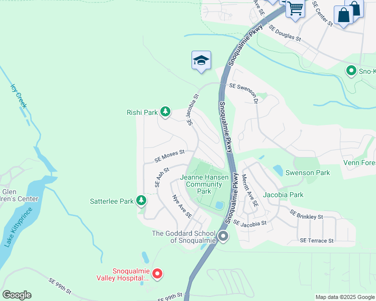 map of restaurants, bars, coffee shops, grocery stores, and more near 8834 Wilde Avenue Southeast in Snoqualmie