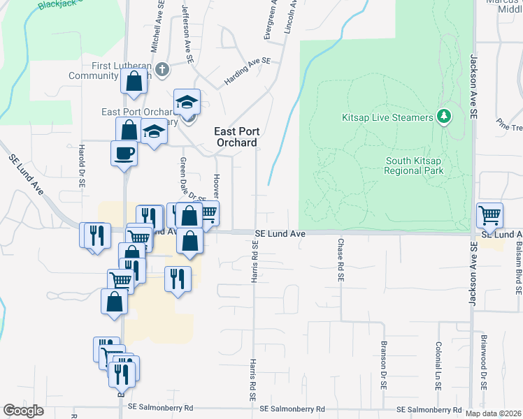map of restaurants, bars, coffee shops, grocery stores, and more near 3190 Harris Road Southeast in Port Orchard