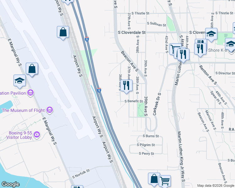 map of restaurants, bars, coffee shops, grocery stores, and more near 9253 36th Avenue South in Seattle