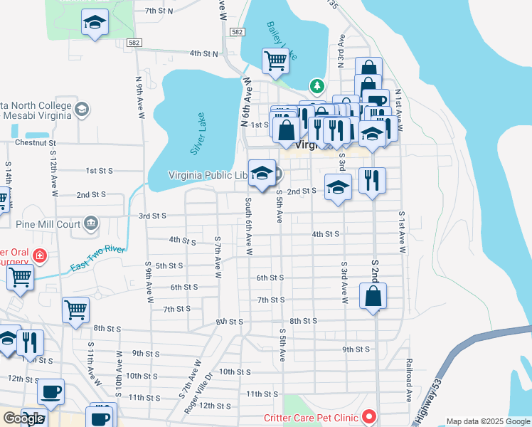 map of restaurants, bars, coffee shops, grocery stores, and more near 411 South 5th Avenue in Virginia