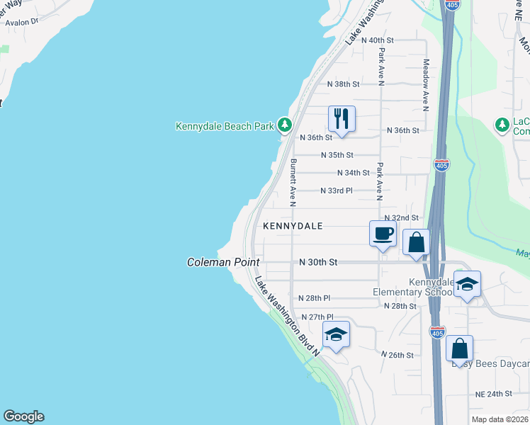 map of restaurants, bars, coffee shops, grocery stores, and more near 3212 Lake Washington Boulevard North in Renton