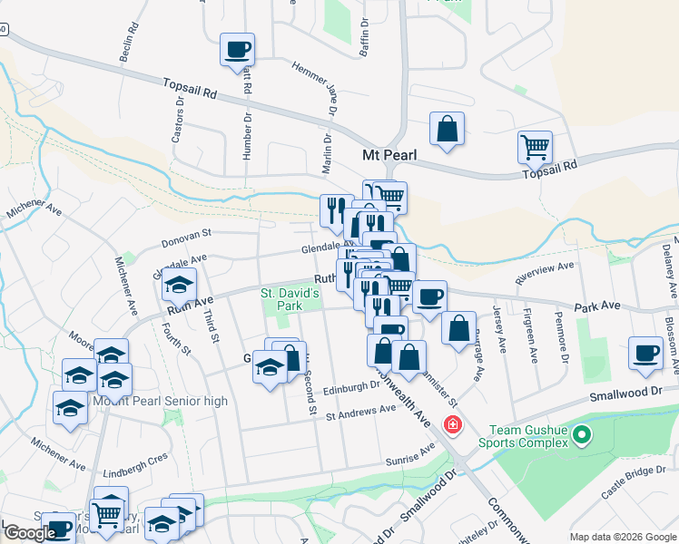map of restaurants, bars, coffee shops, grocery stores, and more near 9 Ruth Avenue in Mount Pearl