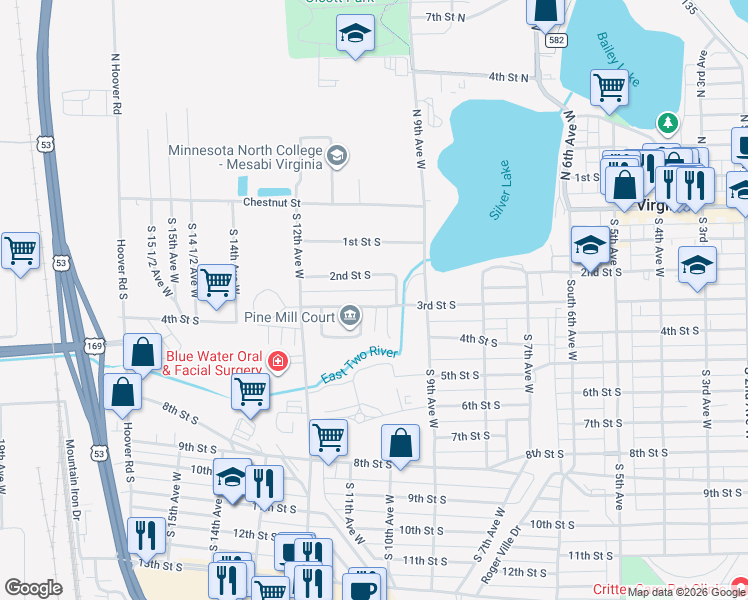 map of restaurants, bars, coffee shops, grocery stores, and more near 403 10th Avenue West in Virginia