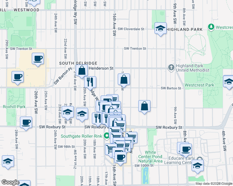 map of restaurants, bars, coffee shops, grocery stores, and more near 9235 16th Avenue Southwest in Seattle