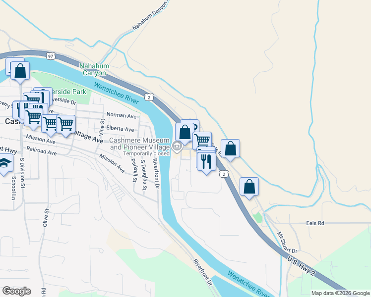 map of restaurants, bars, coffee shops, grocery stores, and more near 603 Cotlets Way in Cashmere