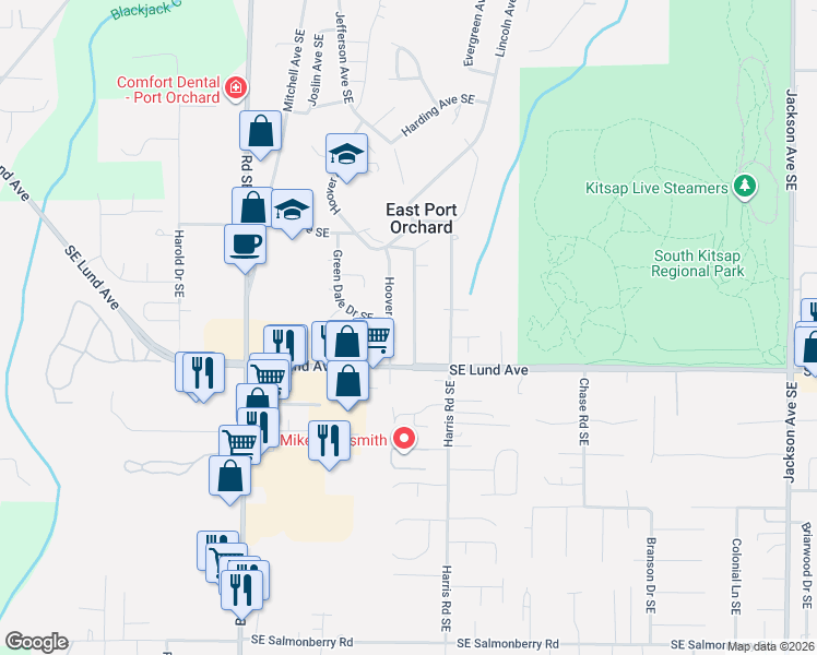 map of restaurants, bars, coffee shops, grocery stores, and more near 3142 Seiford Avenue Southeast in Port Orchard