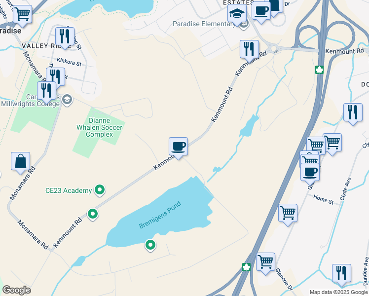 map of restaurants, bars, coffee shops, grocery stores, and more near 1168 Kenmount Road in Paradise