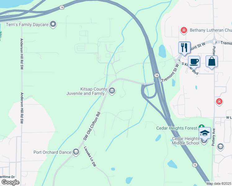 map of restaurants, bars, coffee shops, grocery stores, and more near 1338 Southwest Old Clifton Road in Port Orchard