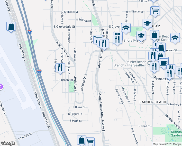 map of restaurants, bars, coffee shops, grocery stores, and more near 9205 42nd Avenue South in Seattle
