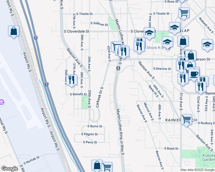 map of restaurants, bars, coffee shops, grocery stores, and more near 9203 42nd Avenue South in Seattle