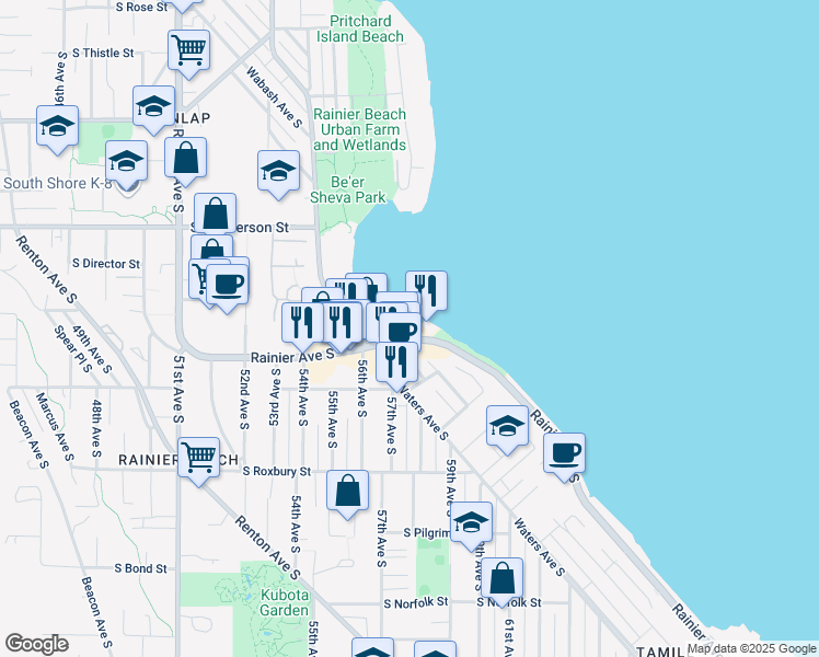 map of restaurants, bars, coffee shops, grocery stores, and more near 9508 Rainier Avenue South in Seattle