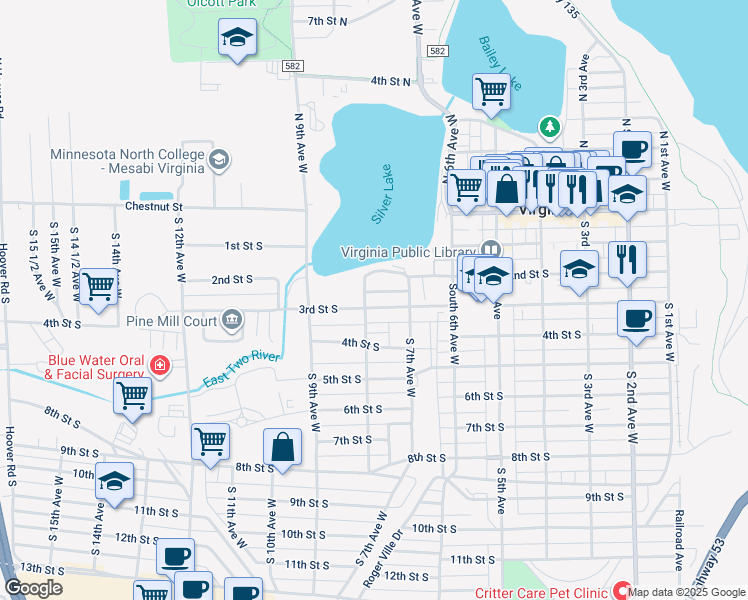 map of restaurants, bars, coffee shops, grocery stores, and more near 731 3rd Street South in Virginia