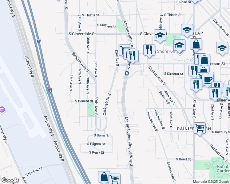 map of restaurants, bars, coffee shops, grocery stores, and more near 9203 42nd Avenue South in Seattle
