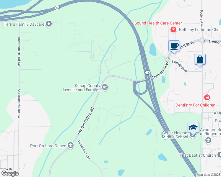 map of restaurants, bars, coffee shops, grocery stores, and more near 1338 Southwest Old Clifton Road in Port Orchard