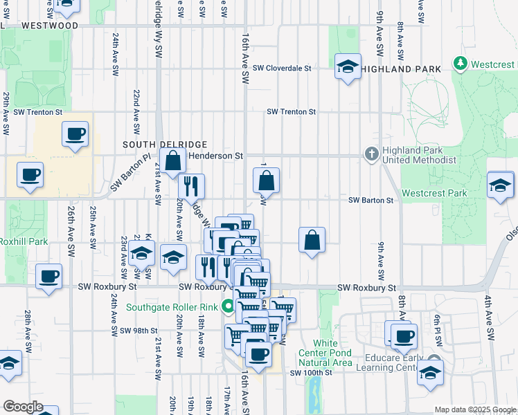 map of restaurants, bars, coffee shops, grocery stores, and more near 9211 15th Avenue Southwest in Seattle
