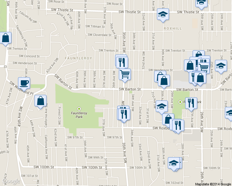map of restaurants, bars, coffee shops, grocery stores, and more near 9239 35th Avenue Southwest in Seattle
