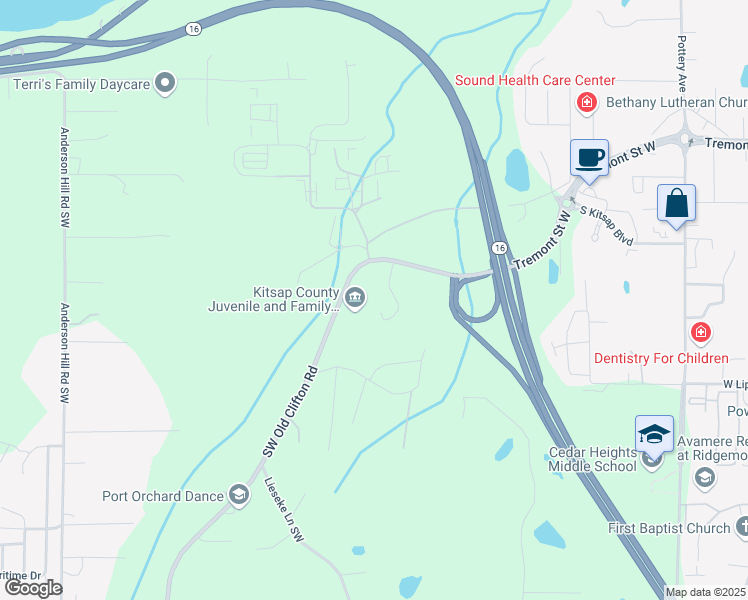 map of restaurants, bars, coffee shops, grocery stores, and more near 1338 Southwest Old Clifton Road in Port Orchard