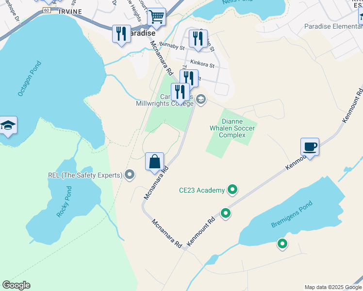 map of restaurants, bars, coffee shops, grocery stores, and more near McNamara Drive in Paradise