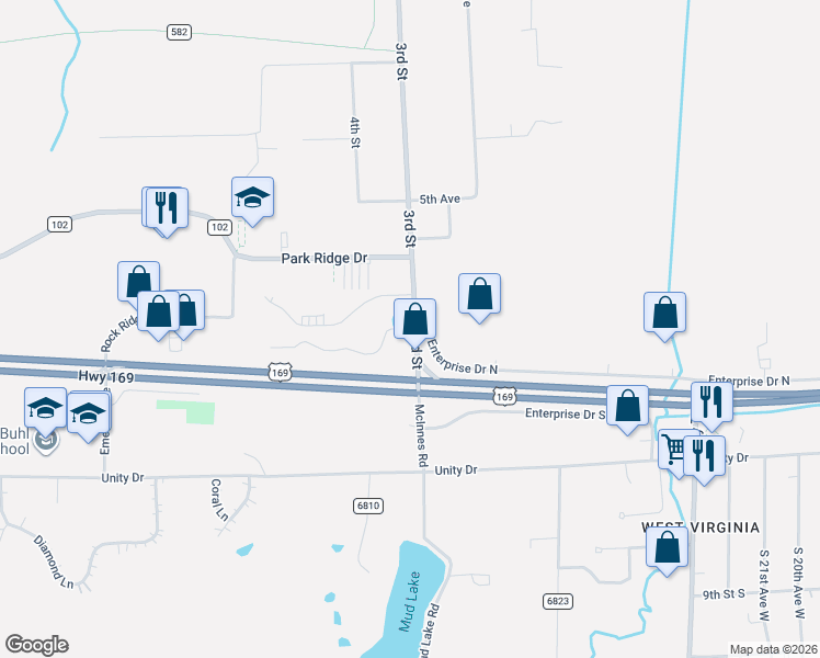 map of restaurants, bars, coffee shops, grocery stores, and more near 8515 Parkvilla Drive in Mountain Iron