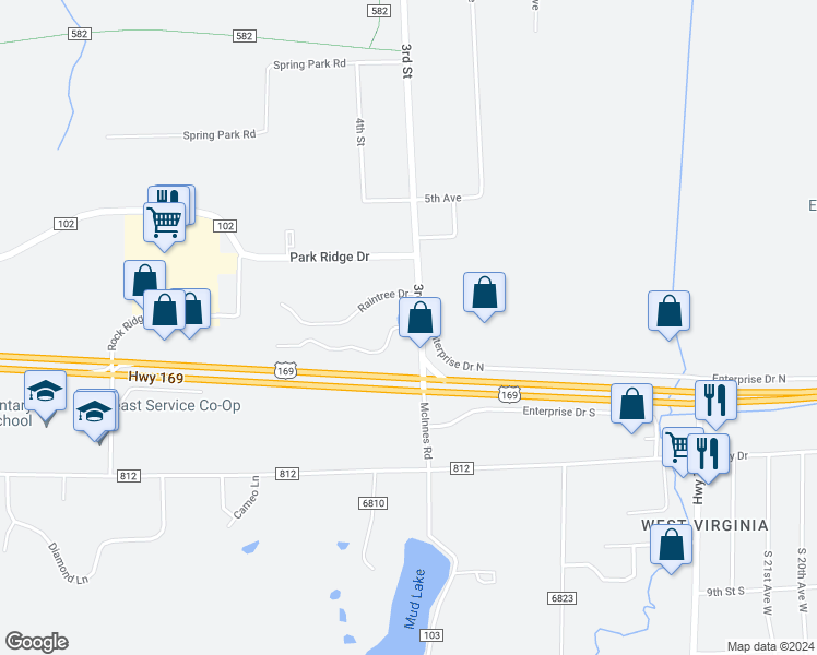 map of restaurants, bars, coffee shops, grocery stores, and more near 8529 Parkvilla Drive in Mountain Iron