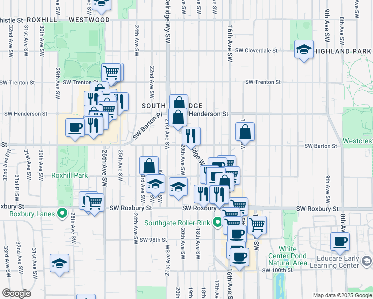 map of restaurants, bars, coffee shops, grocery stores, and more near 9049 20th Avenue Southwest in Seattle