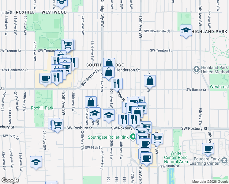map of restaurants, bars, coffee shops, grocery stores, and more near 9208 20th Avenue Southwest in Seattle