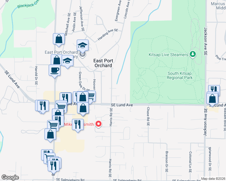 map of restaurants, bars, coffee shops, grocery stores, and more near 2992 Harris Road Southeast in Port Orchard
