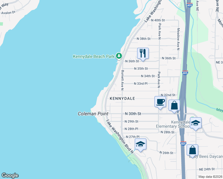 map of restaurants, bars, coffee shops, grocery stores, and more near 3310 Lake Washington Boulevard North in Renton