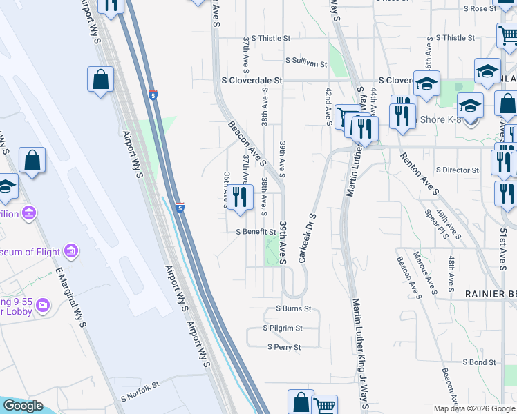 map of restaurants, bars, coffee shops, grocery stores, and more near 9024 38th Avenue South in Seattle