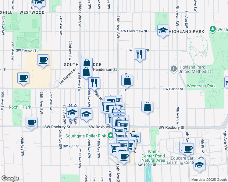 map of restaurants, bars, coffee shops, grocery stores, and more near 9056 16th Avenue Southwest in Seattle