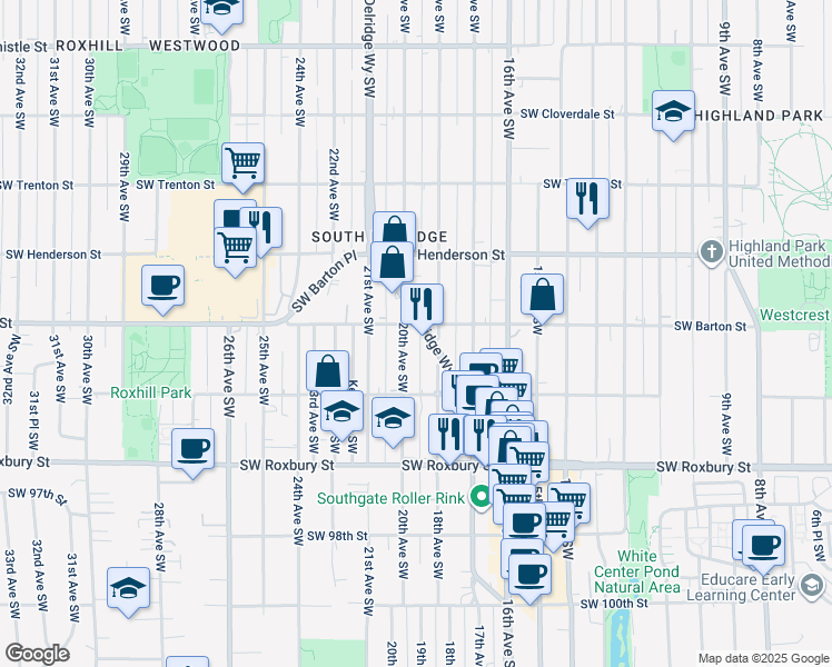 map of restaurants, bars, coffee shops, grocery stores, and more near 9049B 18th Avenue Southwest in Seattle
