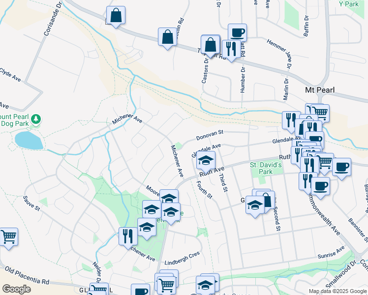 map of restaurants, bars, coffee shops, grocery stores, and more near in Mount Pearl