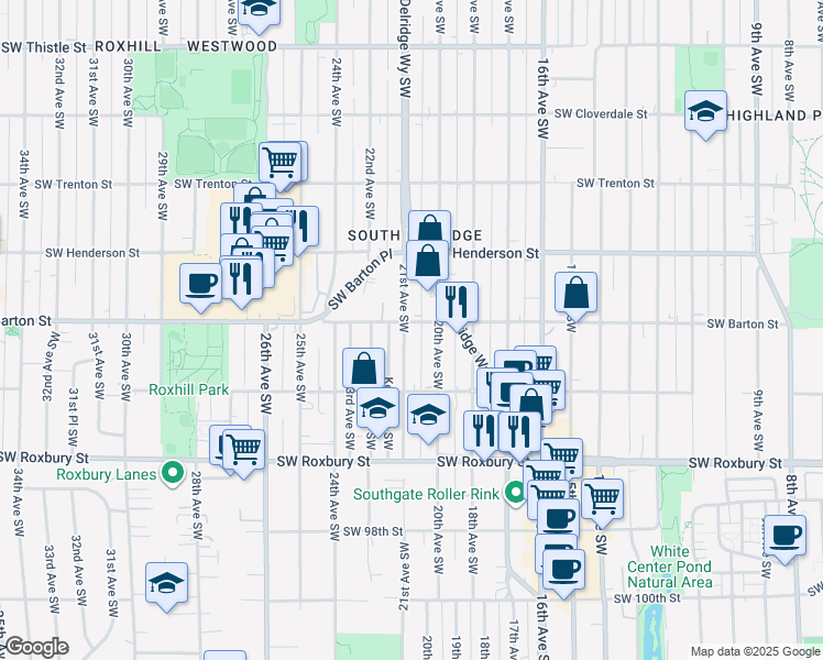 map of restaurants, bars, coffee shops, grocery stores, and more near 9202 21st Avenue Southwest in Seattle