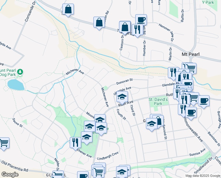map of restaurants, bars, coffee shops, grocery stores, and more near 39 Donovan Street in Mount Pearl