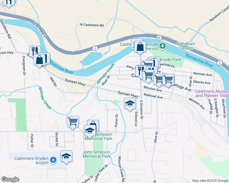 map of restaurants, bars, coffee shops, grocery stores, and more near 346 Sunset Highway in Cashmere