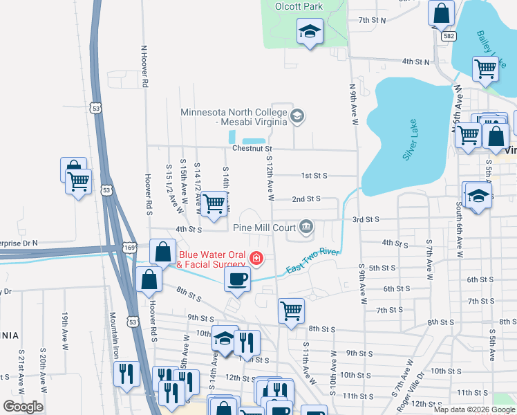 map of restaurants, bars, coffee shops, grocery stores, and more near 205 South 12th Avenue West in Virginia