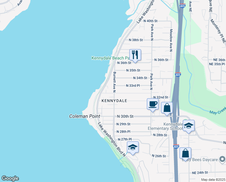 map of restaurants, bars, coffee shops, grocery stores, and more near 3301 Burnett Avenue North in Renton