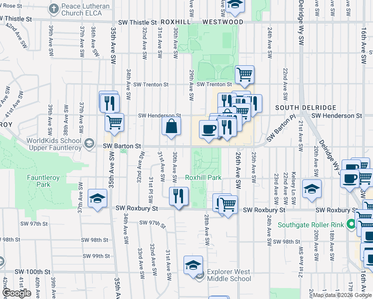 map of restaurants, bars, coffee shops, grocery stores, and more near 9203 29th Avenue Southwest in Seattle