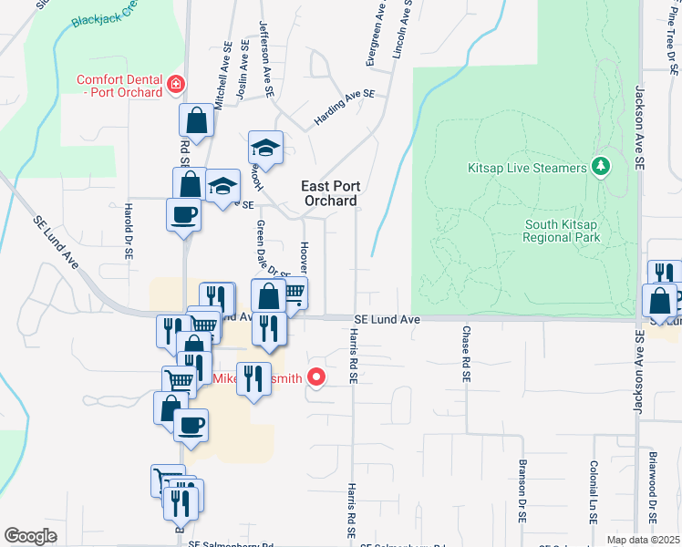 map of restaurants, bars, coffee shops, grocery stores, and more near 2992 Harris Road Southeast in Port Orchard