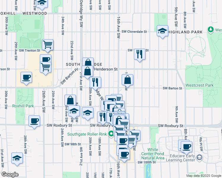 map of restaurants, bars, coffee shops, grocery stores, and more near 9050 17th Avenue Southwest in Seattle