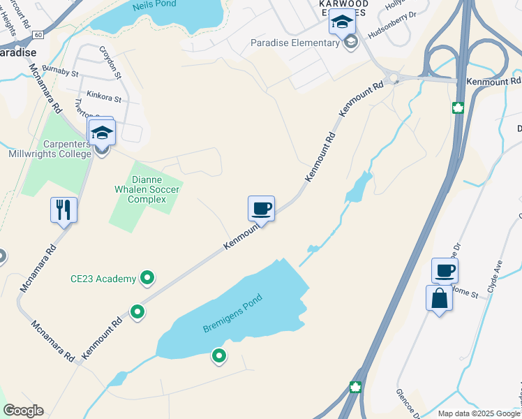 map of restaurants, bars, coffee shops, grocery stores, and more near 1168 Kenmount Road in Paradise
