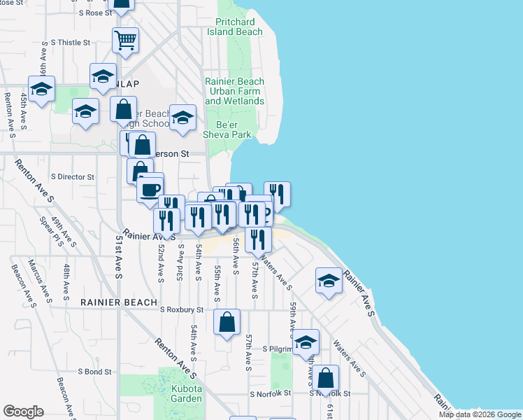 map of restaurants, bars, coffee shops, grocery stores, and more near 9468 Rainier Avenue South in Seattle