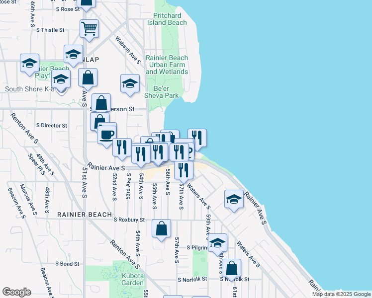 map of restaurants, bars, coffee shops, grocery stores, and more near 9468 Rainier Avenue South in Seattle