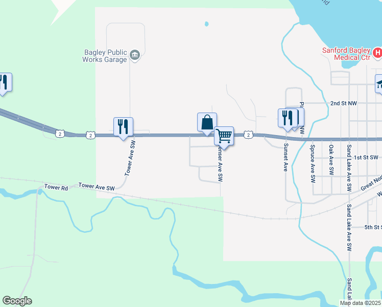 map of restaurants, bars, coffee shops, grocery stores, and more near 1412 Central Street West in Bagley