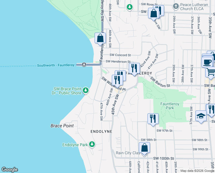 map of restaurants, bars, coffee shops, grocery stores, and more near 4705 Southwest Wildwood Place in Seattle
