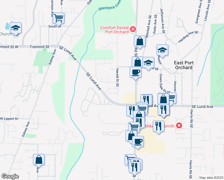 map of restaurants, bars, coffee shops, grocery stores, and more near 124 Southeast Casandra Loop in Port Orchard
