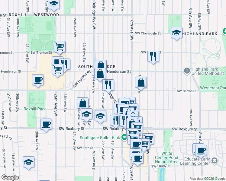 map of restaurants, bars, coffee shops, grocery stores, and more near SW Barton St & 18th Ave SW in Seattle
