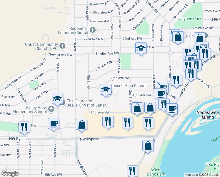 map of restaurants, bars, coffee shops, grocery stores, and more near 228 17th Avenue Northwest in Great Falls