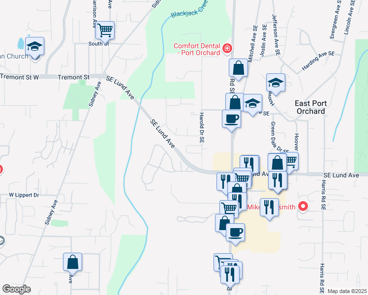 map of restaurants, bars, coffee shops, grocery stores, and more near 1282 Southeast Casandra Loop in Port Orchard