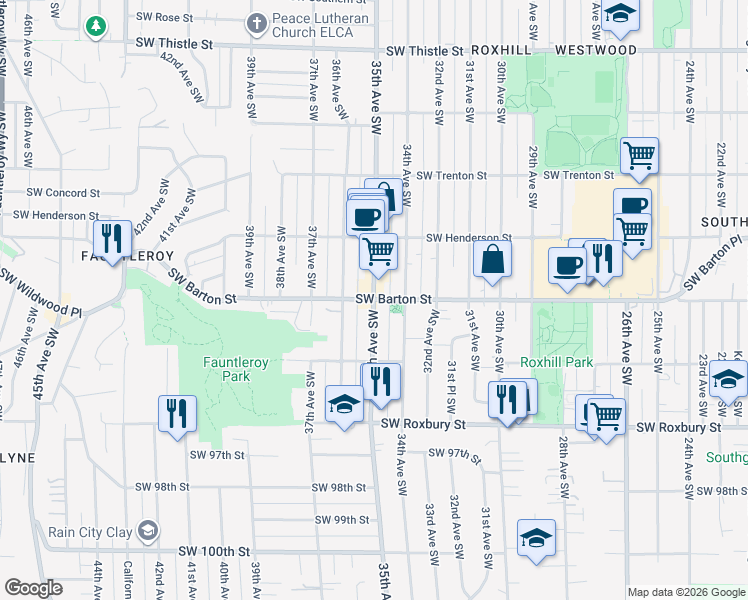 map of restaurants, bars, coffee shops, grocery stores, and more near 35th Ave SW & SW Barton St in Seattle
